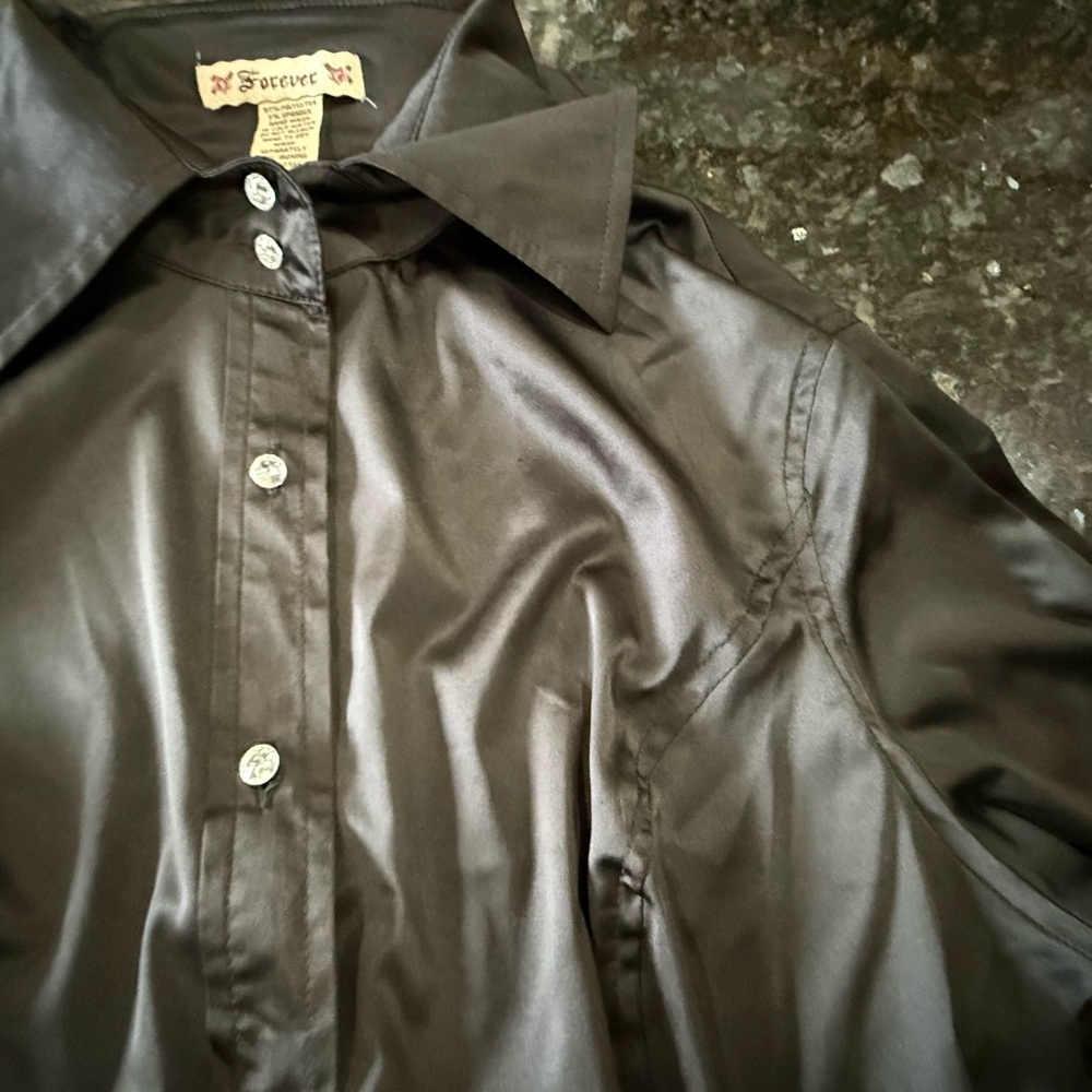 Women's Satin Black 3/4 Short-Sleeve Button-Down Blouse w/ Diamond Buttons